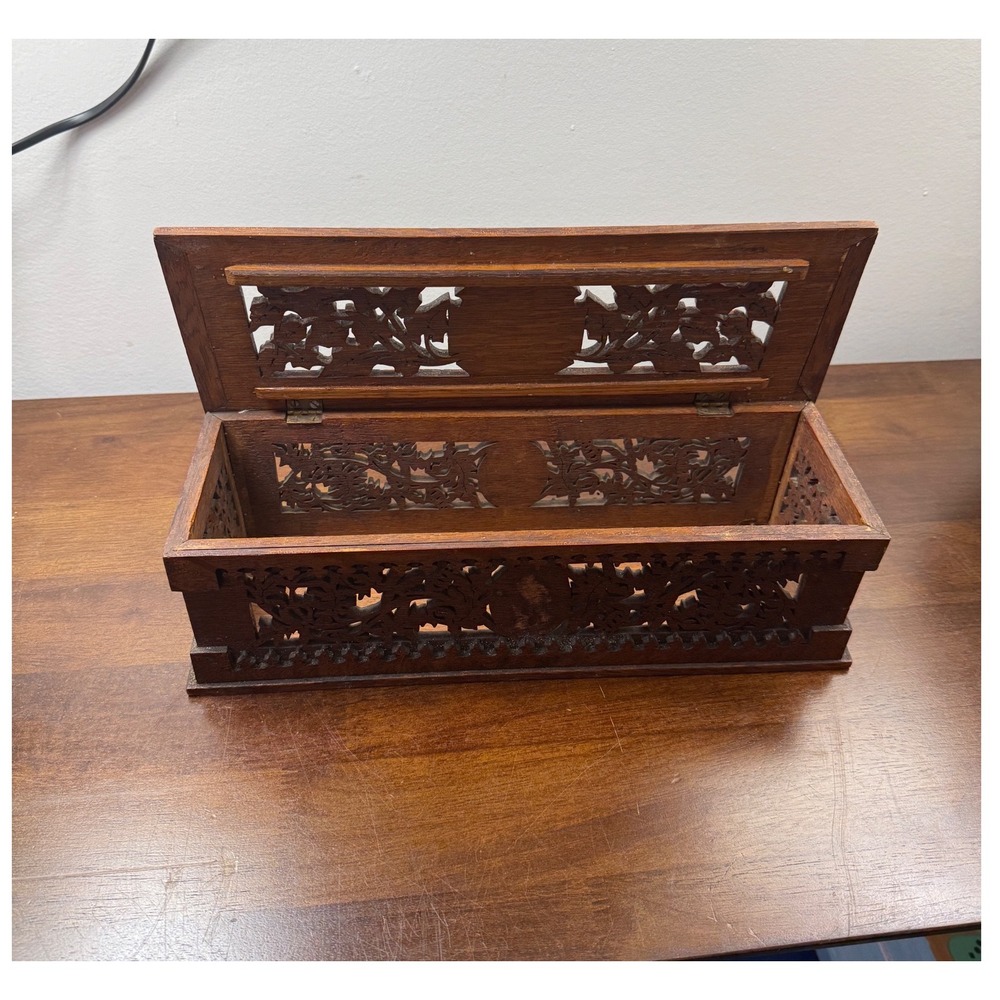 Vintage Hand Carved Wooden Trinket Box Ornate Floral Fretwork Boho Keepsake Box